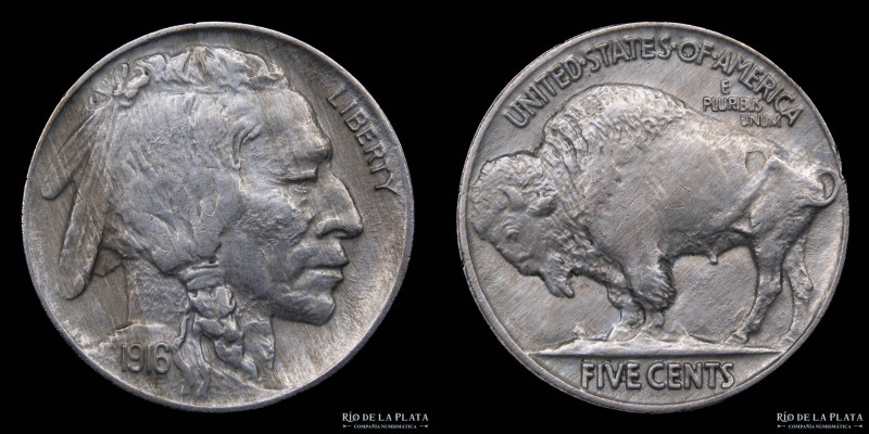USA. 1916 Buffalo 5 Cents. Nickel. Error Cuño Rotado / Rotated Die 25º. Cu-Ni; 2...