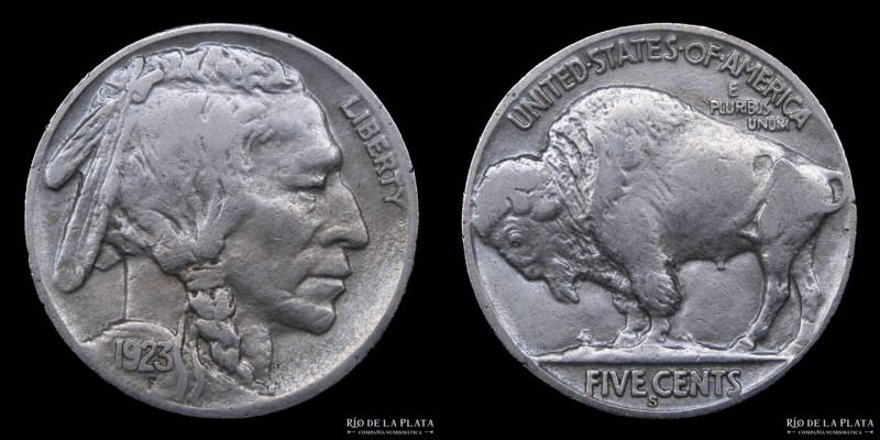 USA. Nickel 1923 S. Buffalo. Niquel; 21.2mm; 5.00g. San Francisco mint. Fecha Es...