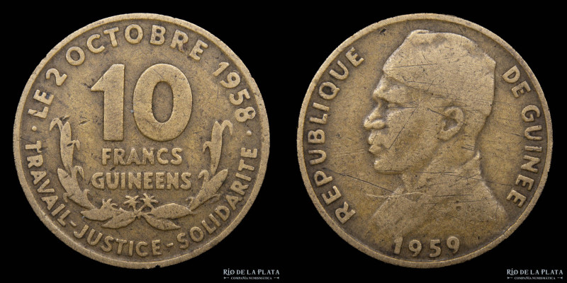 Guinea. 10 Francs Guineens 1959. AL-Bronce; 24.0mm; 3.77g. KM2 (VF)

Estimate:...
