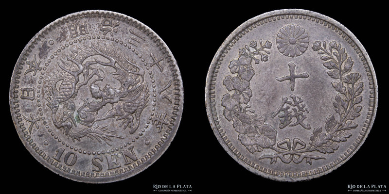 Japón. Meiji (1867-1912) 10 Sen 1905 (año 38) AG.720; 17.6mm; 2.65g. KMY38 (XF)...