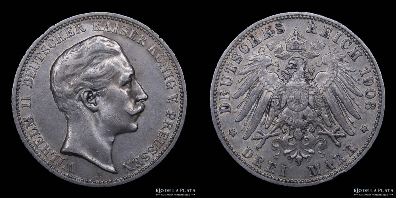 Estados Alemanes. Prusia. Wilhem II (1888-1918) 3 Mark 1908 A. AG.900; 33.0mm; 1...