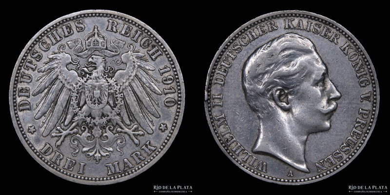 Estados Alemanes. Prusia. Wilhem II (1888-1918) 3 Mark 1910 A. AG.900; 33.0mm; 1...