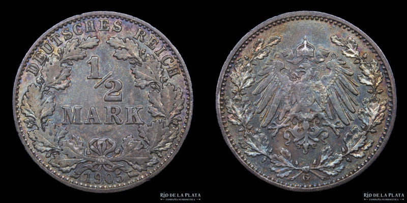 Alemania. Wilhelm II (1888-1918) 1/2 Mark 1905 G. Escasa AG.900; 19.5mm; 2.78g. ...