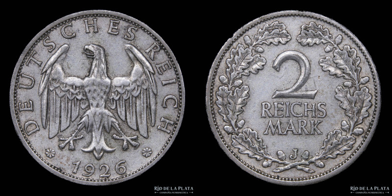 Alemania. Weimar. 2 Mark 1926 J. AG.500; 26.0mm; 10.00g. KM45 (VF+)

Estimate:...