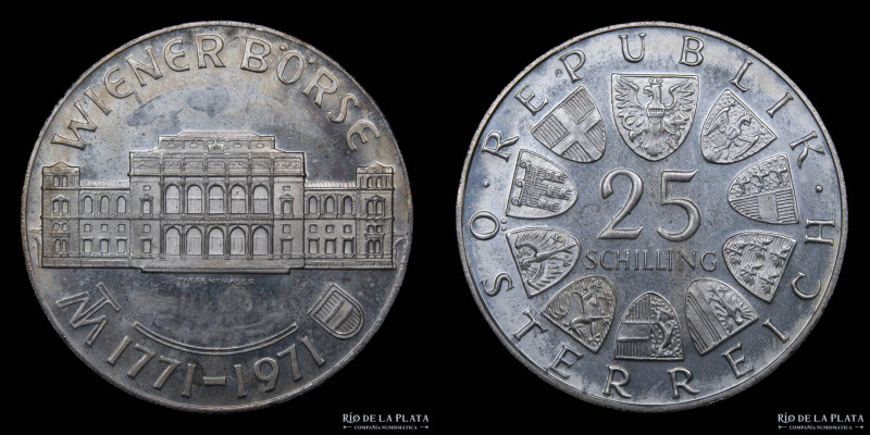 Austria. 25 Schilling 1971. Conmemorativa 200 años Bolsa de Viena. AG.800; 30.5m...