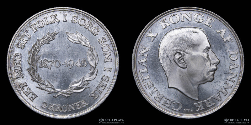 Dinamarca. Christian X. 2 Kroner 1945. Cumpleaños del rey. AG.800; 31mm; 15.04g....
