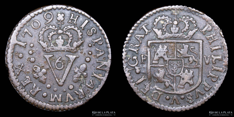 España. Felipe V (1700-1745) 1 Seiseno 1709 F Valencia. Cobre; 26.5mm; 6.48g. KM...