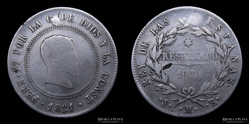España. Fernando VII. 10 Reales 1821. Resellado. Madrid. AG.903; 32mm; 13,06g. K...