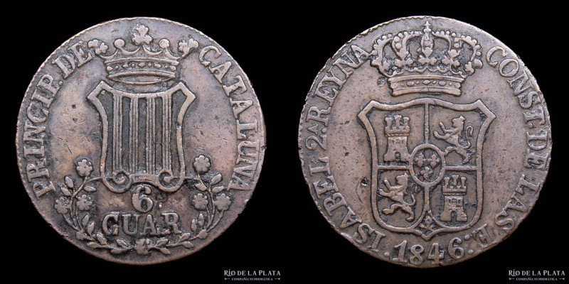 España. Isabel II. Cataluña. 6 Cuartos 1846. 7 Pétalos. Cobre; 32mm; 15.03g. KM1...
