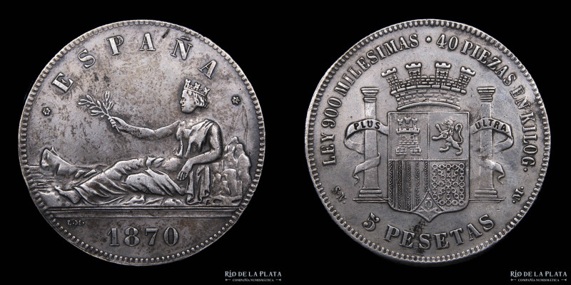 España. Gobierno Provisional (1869-1870) 5 Pesetas 1870 (70) SM M. AG.900; 37.0m...