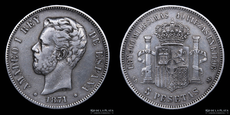 España. Amadeo I (1871-1873) 5 Pesetas 1871. AG.900; 37.0mm; 24.80g. KM666. (VF)...