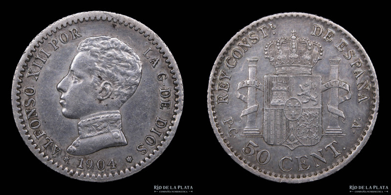 España. Alfonso XIII (1886-1931) 50 Centavos 1904. AG.835; 18.0mm; 2.53g. KM723 ...