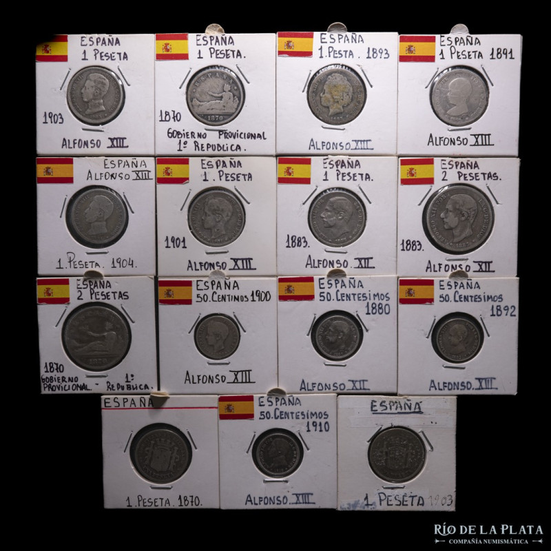 España. Lote x15. 1870 a 1904. 2, 1 y 1/2 Peseta. Plata. A estudiar. Buen grupo ...