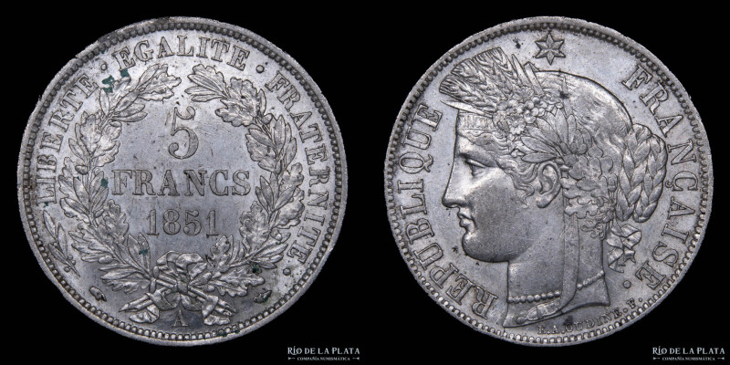 Francia (2º República 1848-1852) 5 Francs 1851 A. Ceca de Paris. AG.900; 37.0mm;...