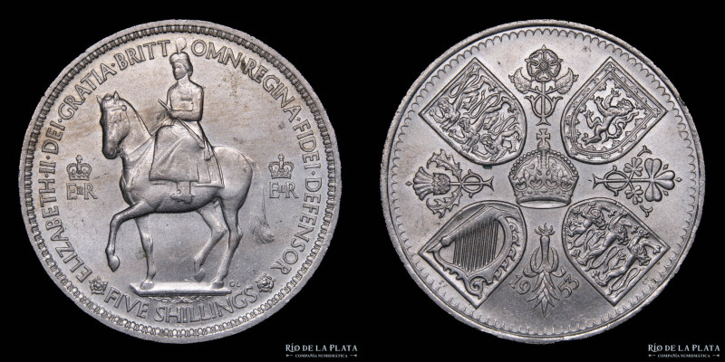 Gran Bretaña. 5 Shillings 1953. Cu-Ni; 38.6mm; 28.28g. KM894 (UNC)

Estimate: ...