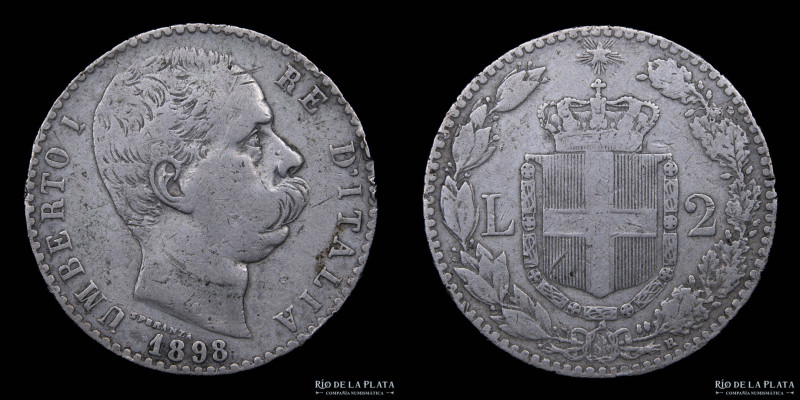 Italia (Reino) Humberto I (1878-1900) 2 Lire 1898 R. AG.835; 27.0mm; 9.83g. Fech...