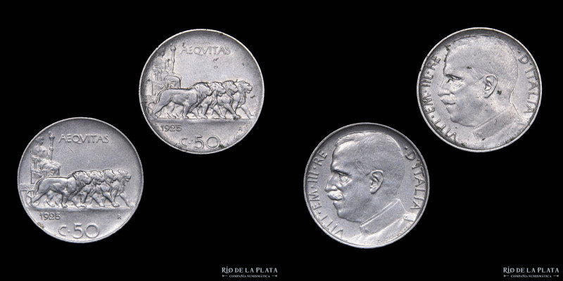 Italia. V. Emanuele III. 2 x 50 Centesimi 1925 R. Smooth / Reeded Edge KM 61.1-2...