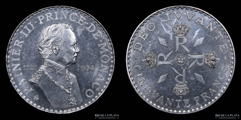 Mónaco. Rainiero III (1949-2005) 50 Francs 1974. Aniversario de reinado. AG.900;...