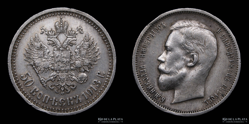 Rusia. Nikolai II (1894-1917) 50 Kopecks 1913. AG.900; 27.0mm; 10.03g. KMY 58.2 ...