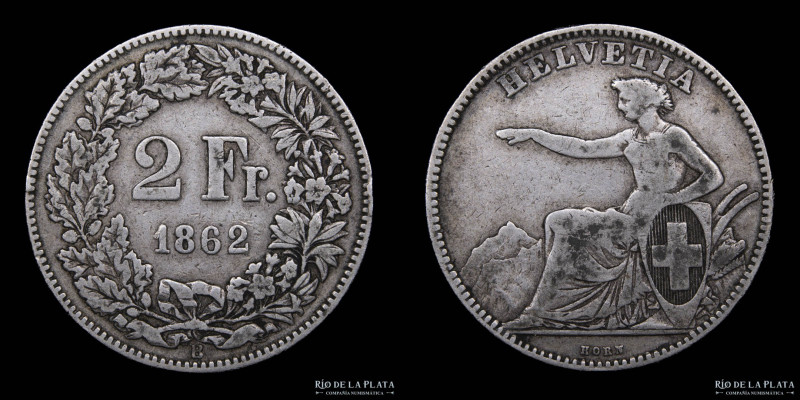 Suiza. 2 Francos 1862. Ceca B (Bern) AG.800; 27.4mm; 9.70g. KM10a (VF)

Estima...