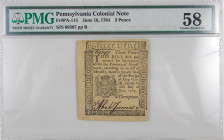 1764 Threepence Note Printed by Franklin & Hall