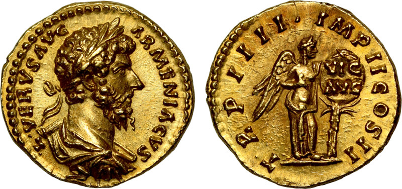 Lucius Verus (AD 161–169), gold Aureus, Rome, Aug.-Dec. AD 165, L. VERVS AVG ARM...