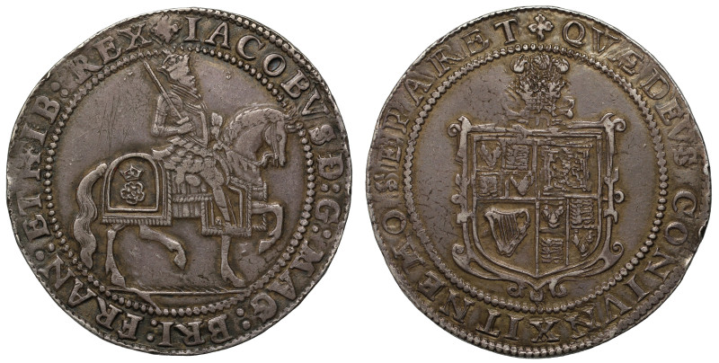James I (1603-25), silver Crown, third coinage (c. 1619-25), variety with plumes...