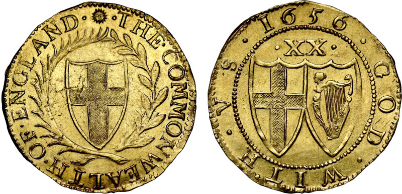 Commonwealth (1649-60), gold Unite of Twenty Shillings, 1656, English shield wit...