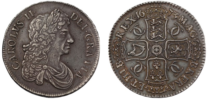 Charles II (1660-85), silver Crown, 1673, QVINTO edge, third laureate and draped...