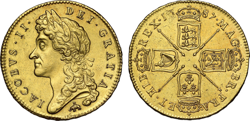 James II (1685-88), gold Five Guineas, 1687, elephant and castle mintmark below ...