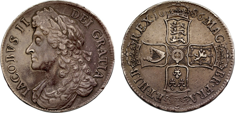 James II (1685-88), silver Crown, 1686, no stops in legend, first laureate and d...