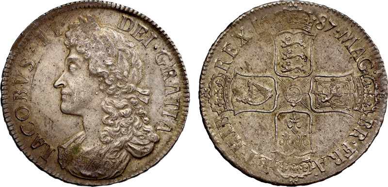 James II (1685-88), silver Crown, 1687 TERTIO, second laureate and draped bust l...