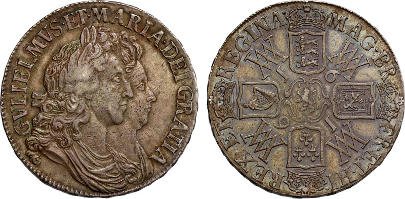 William and Mary (1688-94), silver Crown, 1691, I over E in legend, conjoined bu...