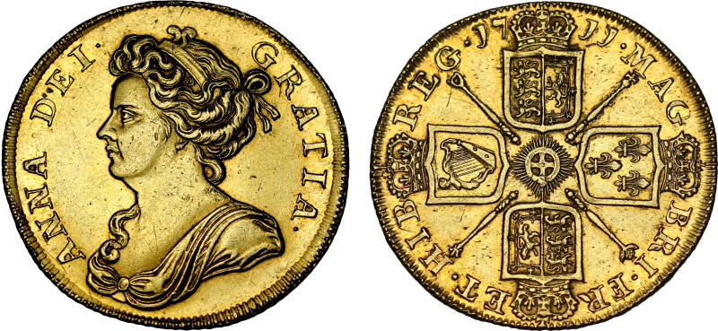 Anne (1702-14), gold Two Guineas, 1711, draped bust left, Latin legend and tooth...