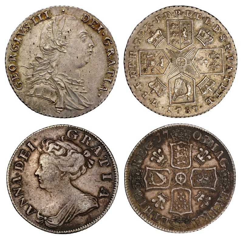 Anne (1702-1714), silver Pre-Union Shilling, 1705, plumes in angles, second bust...