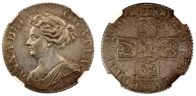 Anne (1702-14), silver Post-Union Shilling, 1709, third draped bust left, Latin ...