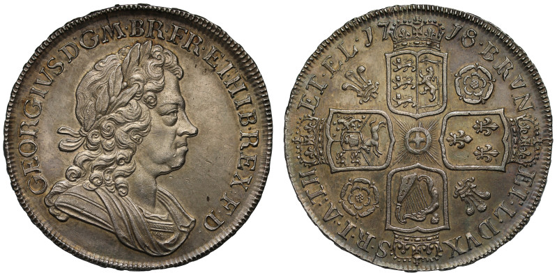 George I (1714-27), silver Crown, 1718, 8 struck over 6 in date, laureate and dr...