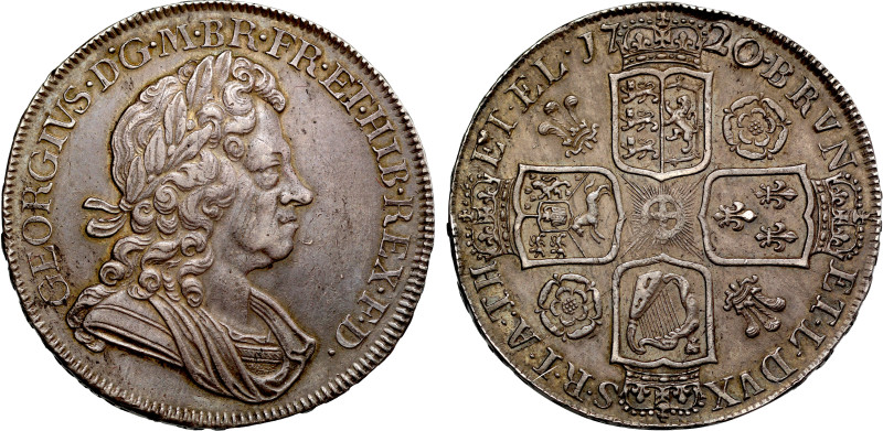George I (1714-27), silver Crown, 1720, 20 struck over 18 in date, laureate and ...