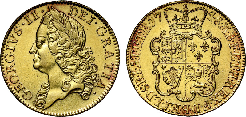 George II (1727-60), gold Two Guineas, 1748, older laureate head left, Latin leg...