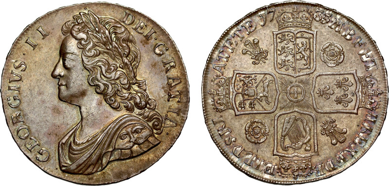 George II (1727-60), silver Crown, 1735, roses and plumes reverse, younger laure...