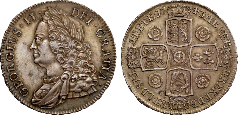 George II (1727-60), silver Crown, 1743, older laureate and draped bust left, La...