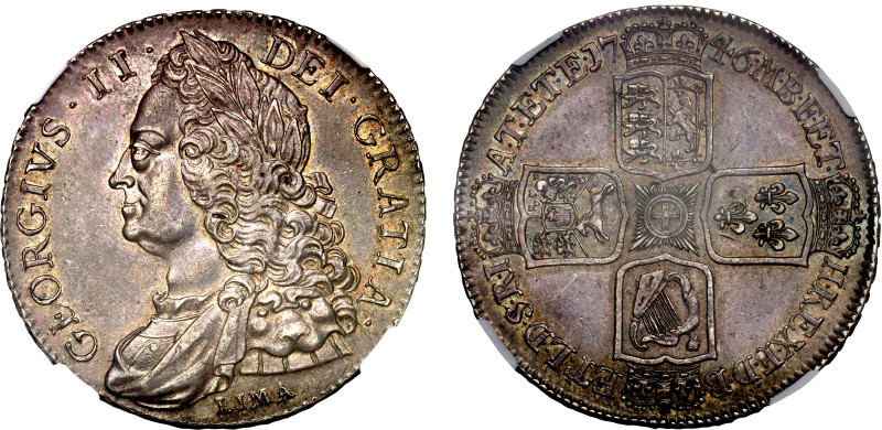 George II (1727-60), silver Crown, 1746, LIMA. below older laureate and draped b...
