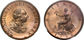 MS64 RB | George III copper 1799 SOHO Halfpenny