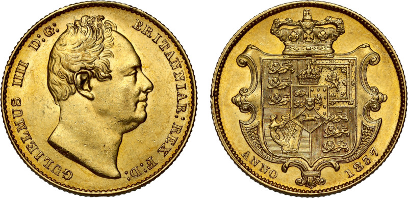 William IV (1830-37), gold Sovereign, 1837, second bare head right, nose points ...