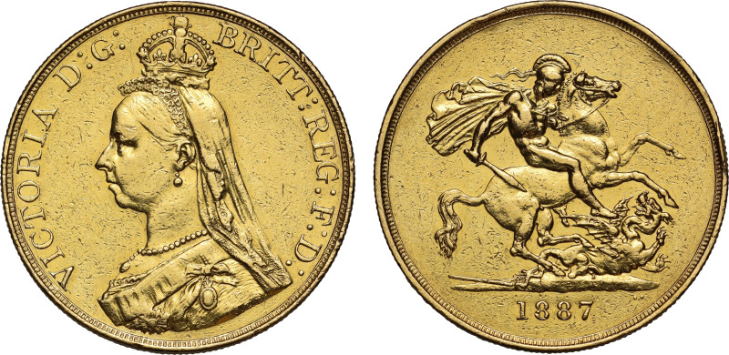 Victoria (1837-1901), gold Five Pounds, 1887, Jubilee bust left, J.E.B. on trunc...