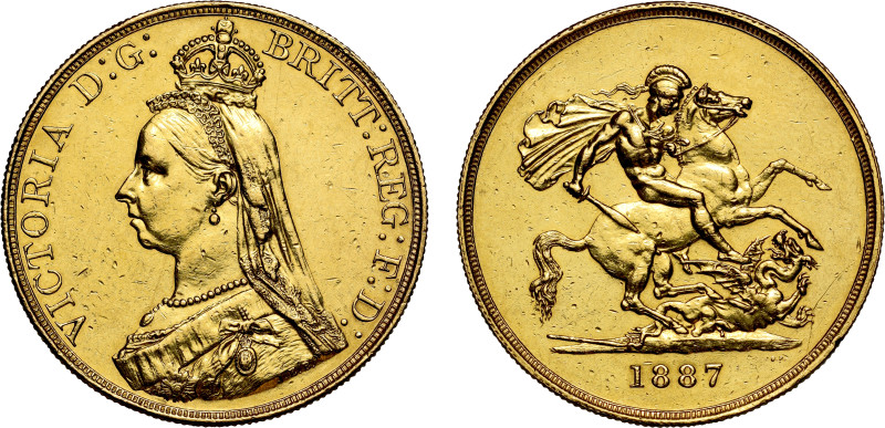 Victoria (1837-1901), gold Five Pounds, 1887, Jubilee bust left, J.E.B. on trunc...