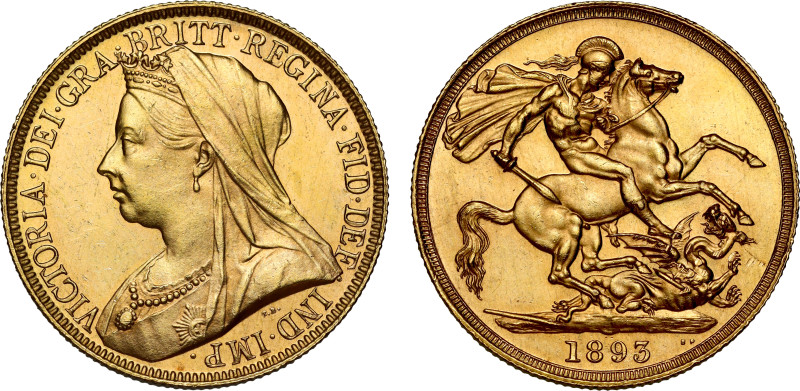 Victoria (1837-1901), gold Two Pounds, 1893, old veiled bust left, T.B. on trunc...