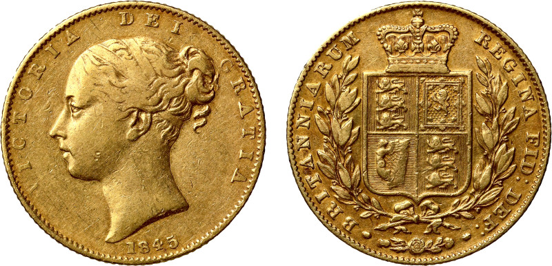 Victoria (1837-1901), gold Sovereign, 1845, small closer date, first young fille...