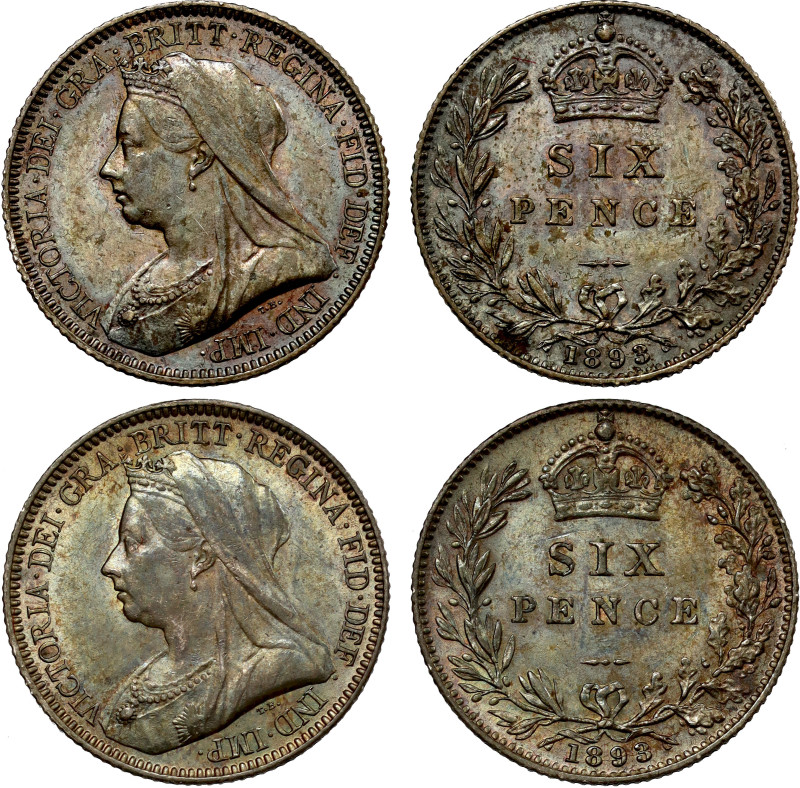 Victoria (1837-1901), silver Sixpences (2), 1893, old veiled head left, T.B. bel...