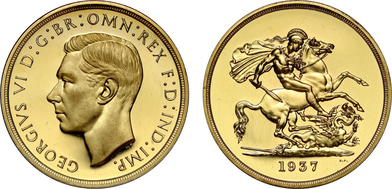 George VI (1936-52), gold proof Five Pounds, 1937, Coronation issue, bare head l...